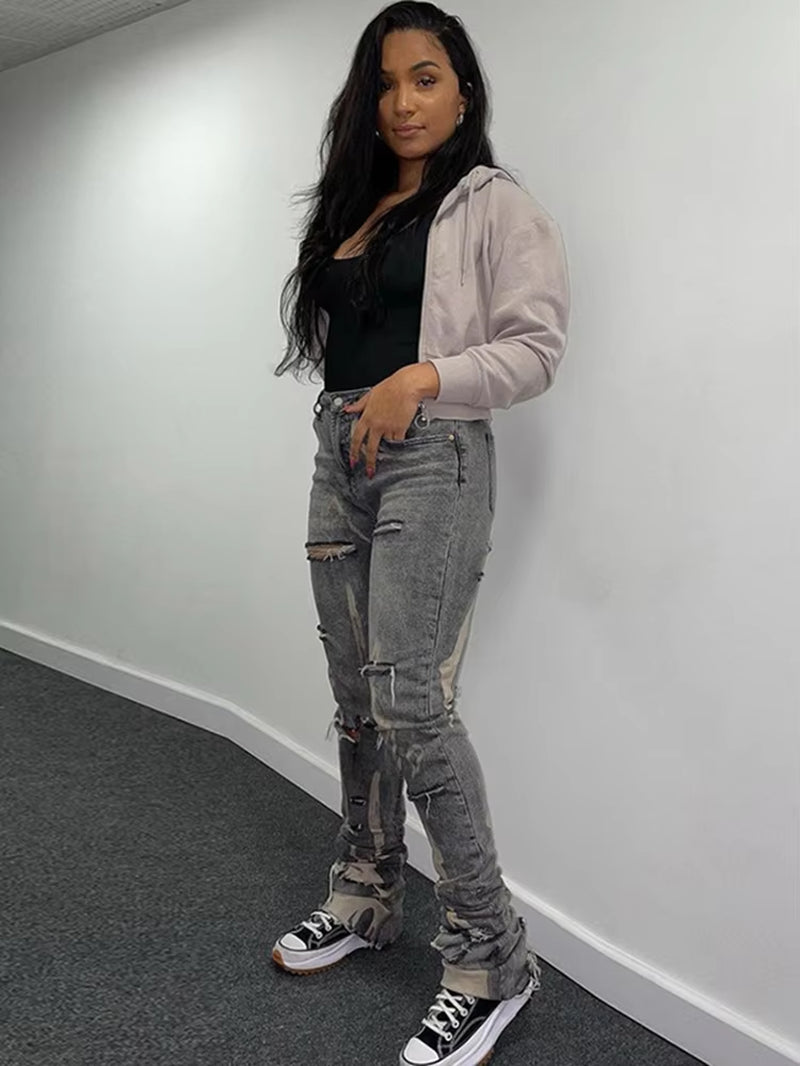 Sifreyr Casual Ripped Hole Jeans Women Fashion Gray Print High Waist Denim Skinny Trousers Streetwear Bottoms Y2K Stacked Pants