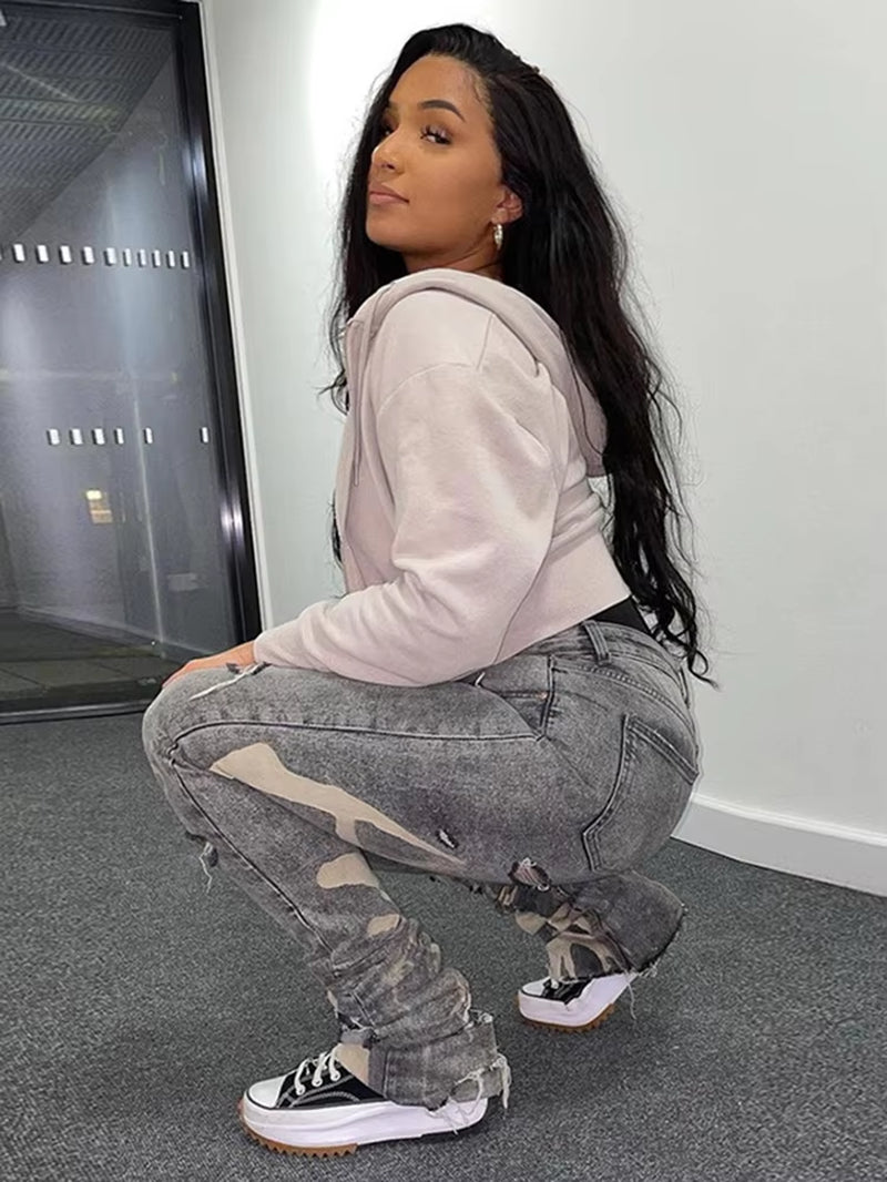 Sifreyr Casual Ripped Hole Jeans Women Fashion Gray Print High Waist Denim Skinny Trousers Streetwear Bottoms Y2K Stacked Pants