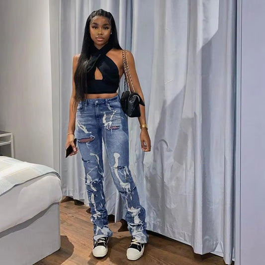 Sifreyr Casual Ripped Hole Jeans Women Fashion Gray Print High Waist Denim Skinny Trousers Streetwear Bottoms Y2K Stacked Pants