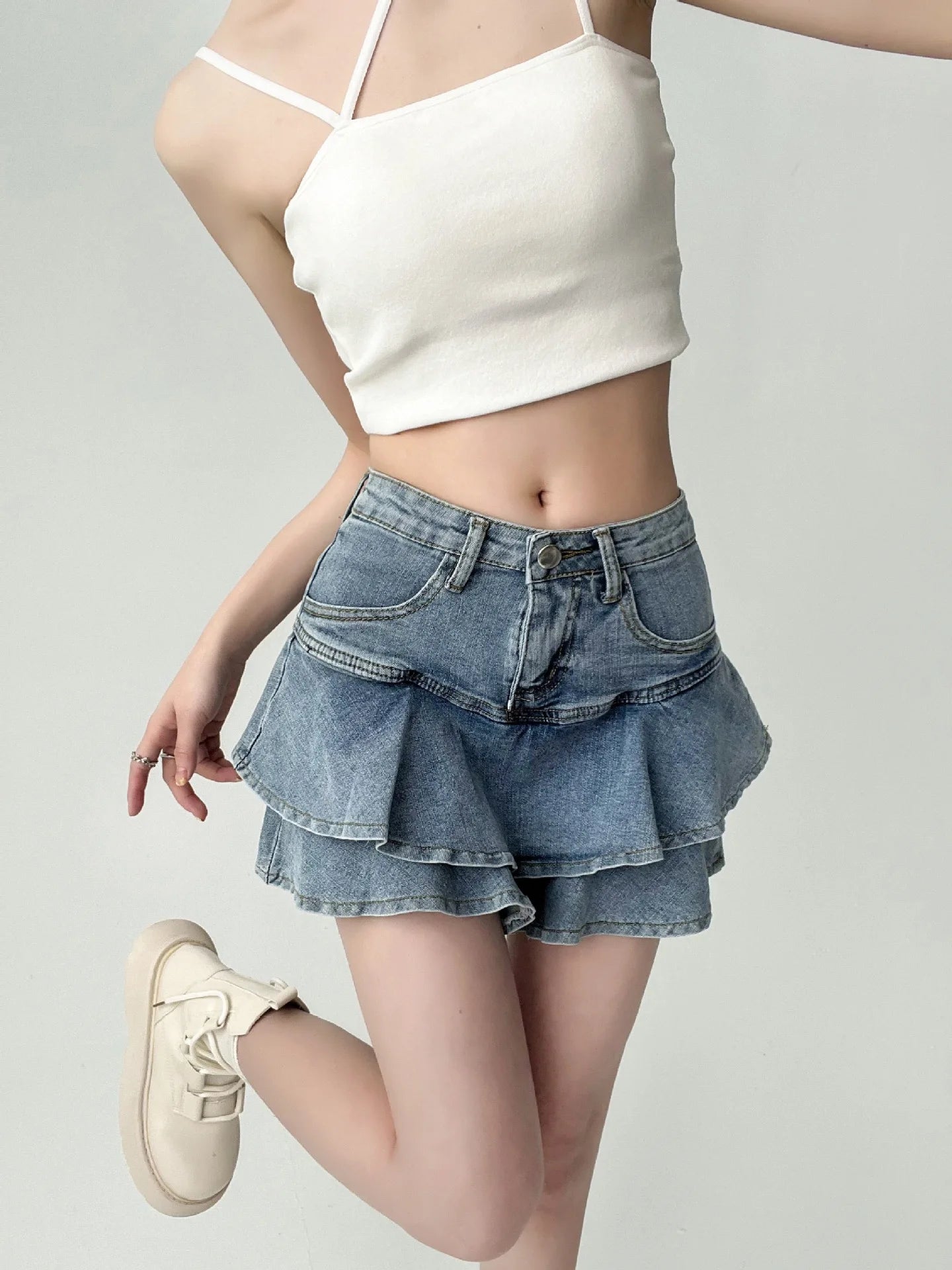 Spice Girls Denim Skirt Anti-Slip Double Denim Skirt Women'S Stretch High-Waisted Slimming A-Line Cake Skirt