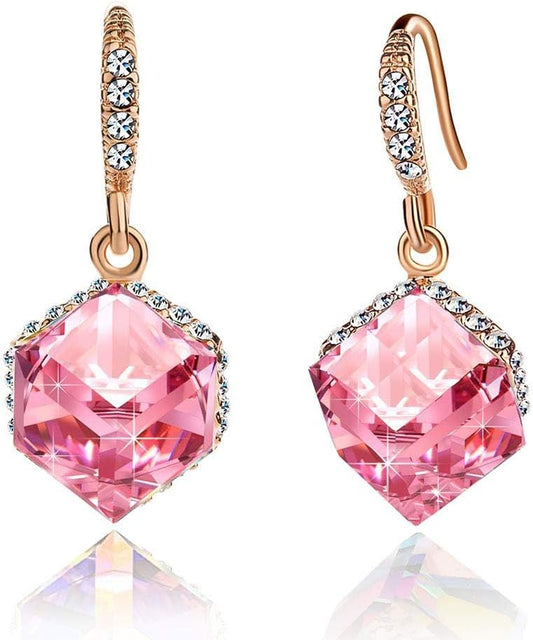 Austrian Crystal Cube Drop Dangle Earrings for Women 14K Gold Plated Hypoallergenic Jewelry Mother’s Day Gift wife’s birthday best gift for her 