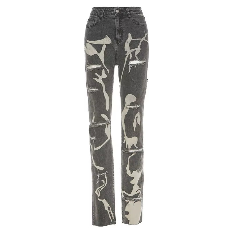Sifreyr Casual Ripped Hole Jeans Women Fashion Gray Print High Waist Denim Skinny Trousers Streetwear Bottoms Y2K Stacked Pants