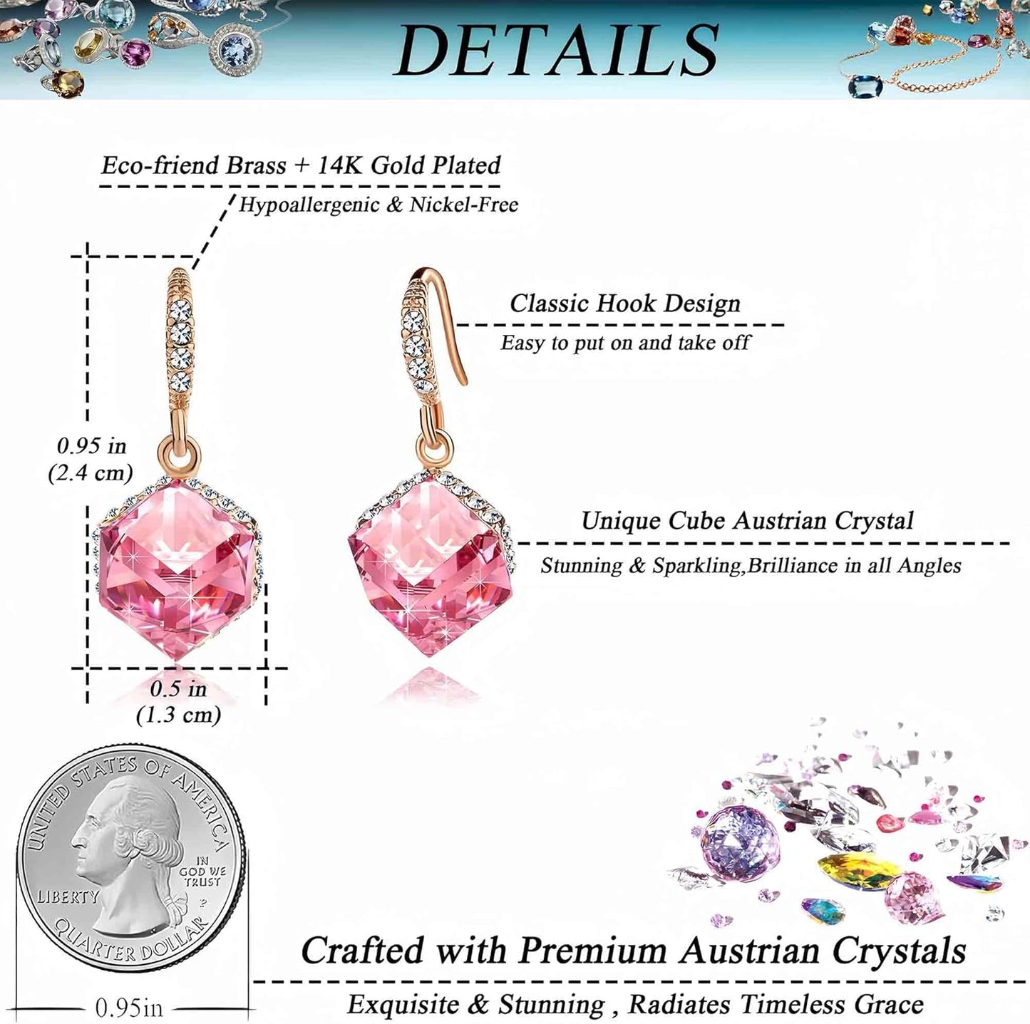 Austrian Crystal Cube Drop Dangle Earrings for Women 14K Gold Plated Hypoallergenic Jewelry Mother’s Day Gift wife’s birthday best gift for her 