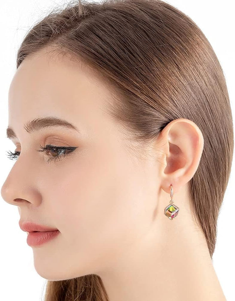 Austrian Crystal Cube Drop Dangle Earrings for Women 14K Gold Plated Hypoallergenic Jewelry Mother’s Day Gift wife’s birthday best gift for her 