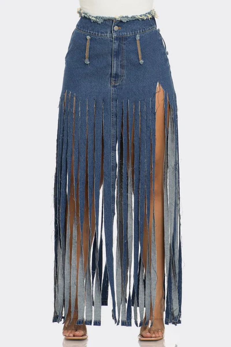 Bohemian Rhapsody Fringe Denim Skirt