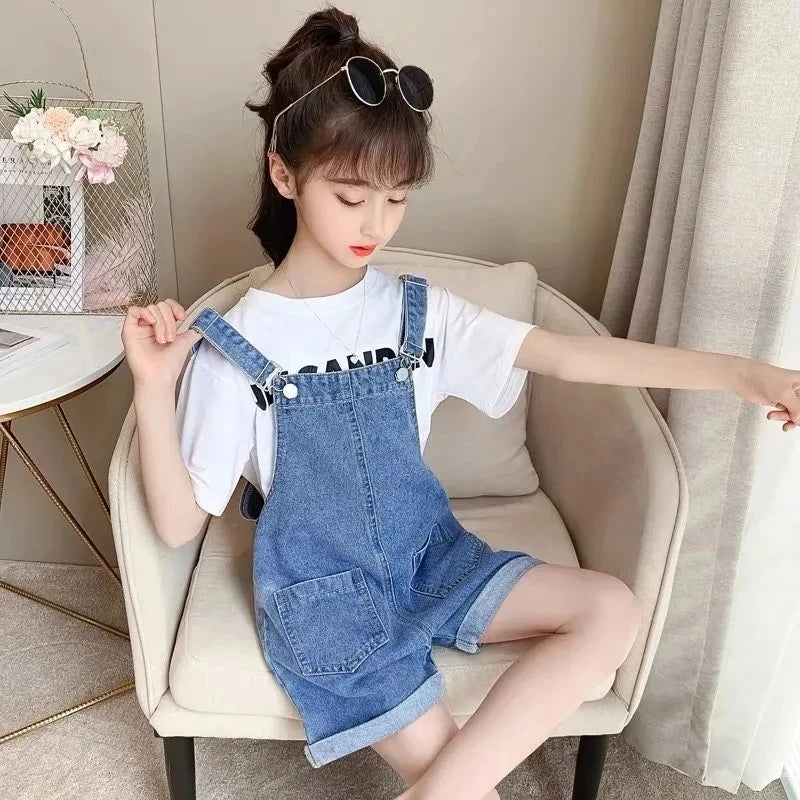 Summer Thin Children'S Denim Overalls Shorts Girls Jumpsuits Casual Loose Large Pocket Denim Shorts Baby Suspenders Jeans