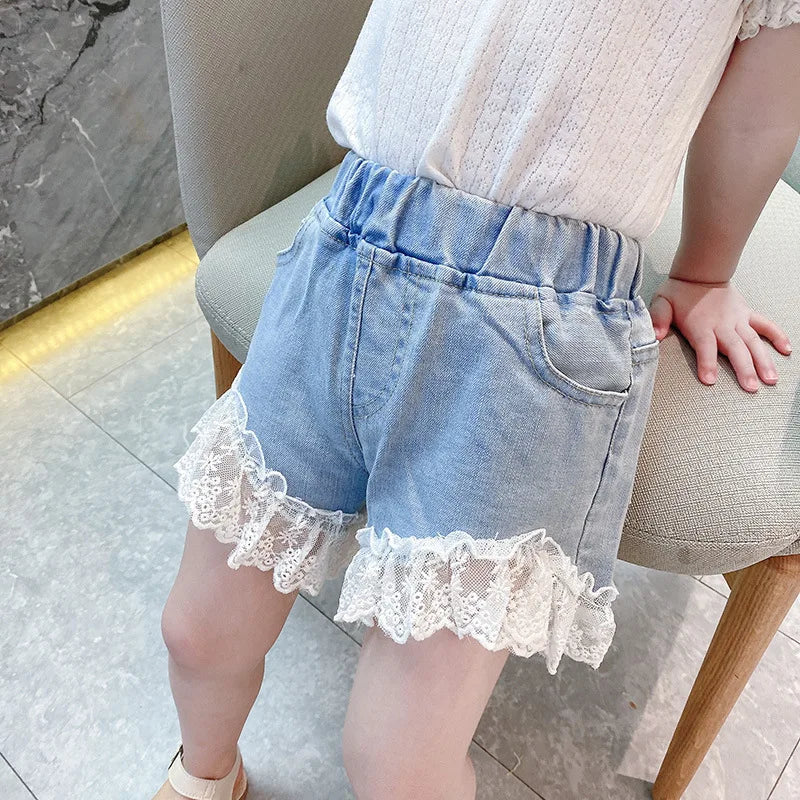 Girl Jeans Shorts Kids Denim Short Pants Baby Casual Lace Shorts Beach Bottoms Fit 4-13 Years Child Summer Clothes