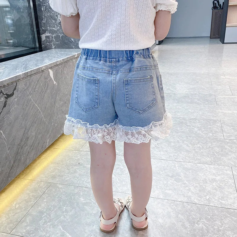 Girl Jeans Shorts Kids Denim Short Pants Baby Casual Lace Shorts Beach Bottoms Fit 4-13 Years Child Summer Clothes
