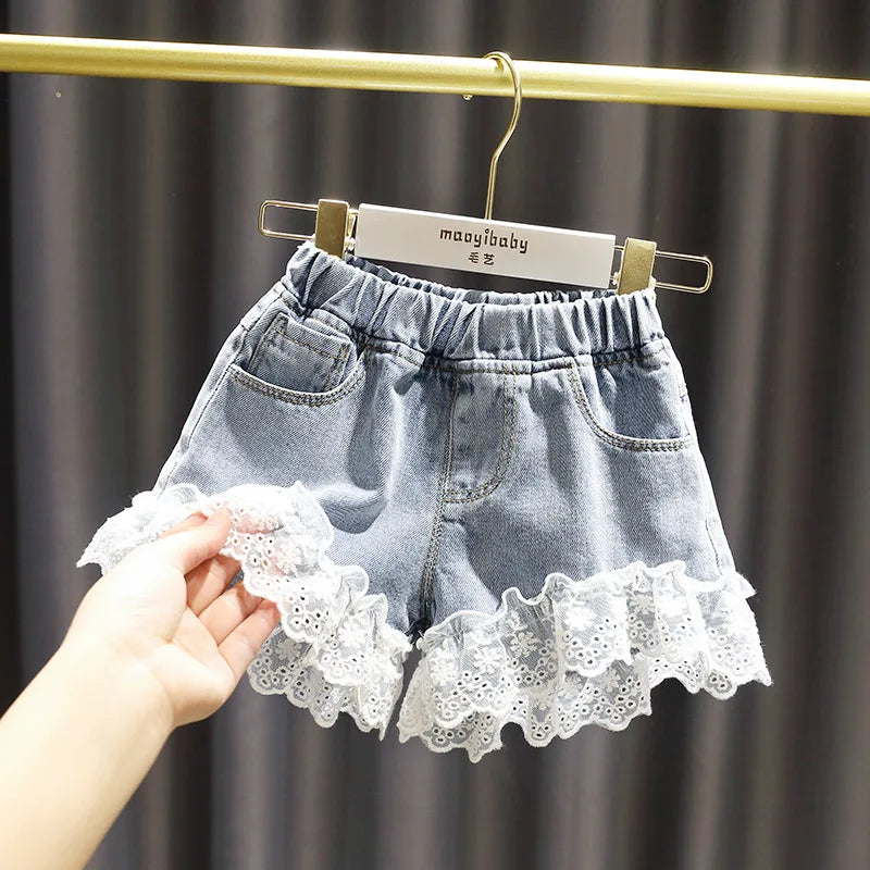 Girl Jeans Shorts Kids Denim Short Pants Baby Casual Lace Shorts Beach Bottoms Fit 4-13 Years Child Summer Clothes