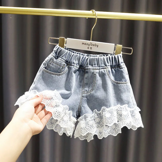 Girl Jeans Shorts Kids Denim Short Pants Baby Casual Lace Shorts Beach Bottoms Fit 4-13 Years Child Summer Clothes