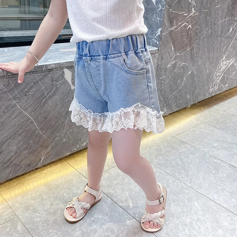 Girl Jeans Shorts Kids Denim Short Pants Baby Casual Lace Shorts Beach Bottoms Fit 4-13 Years Child Summer Clothes